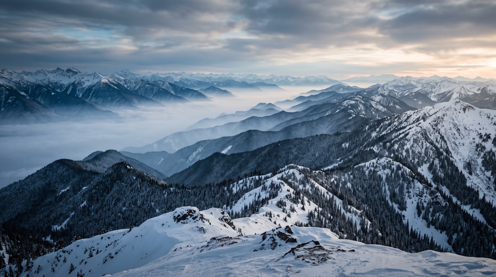 Layered blue mountain ridgelines in fog