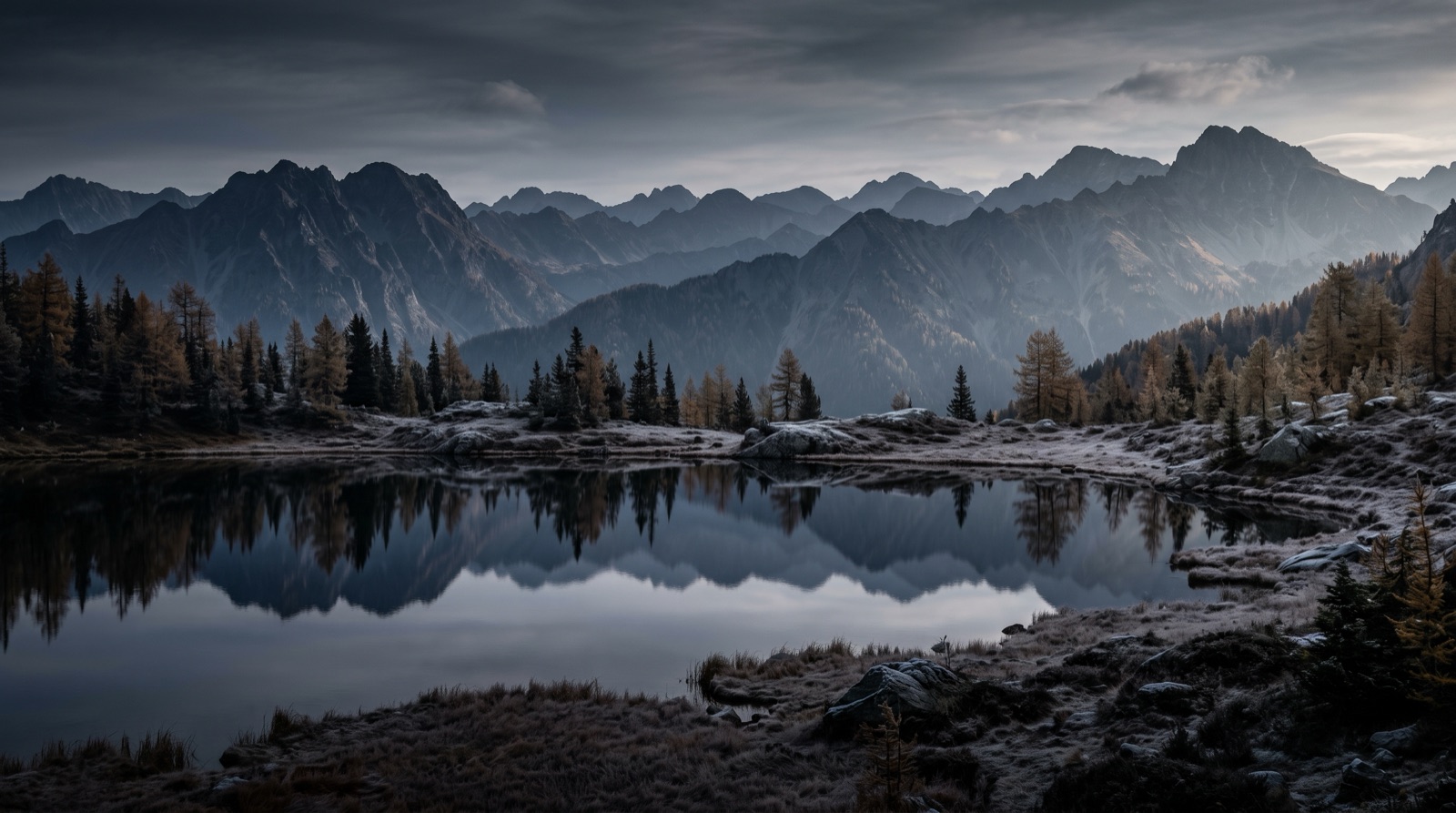 A still mountain lake with a mirror reflection