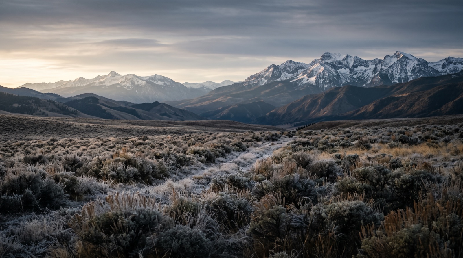 A sagebrush plain below distant snow peaks