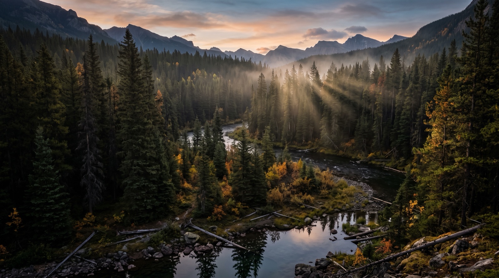 Shafts of light in a dark pine forest