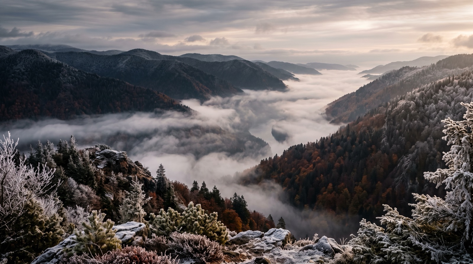 A fog-filled river valley from a ridge