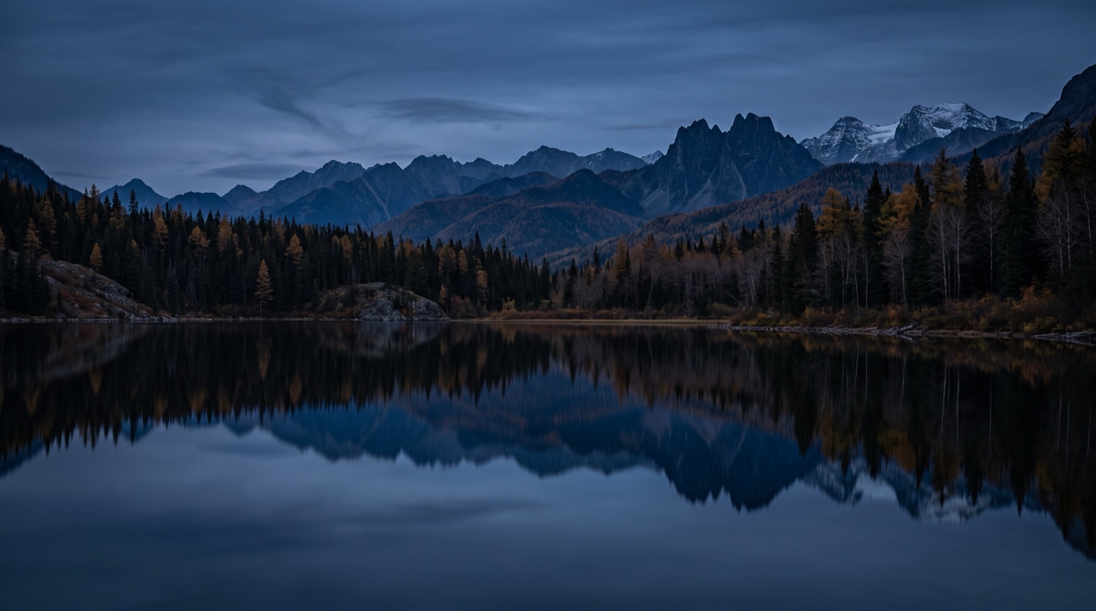 A still mountain lake with a mirror reflection