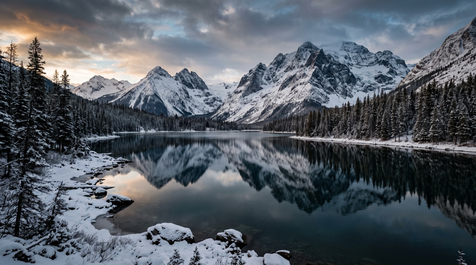A still mountain lake with a mirror reflection