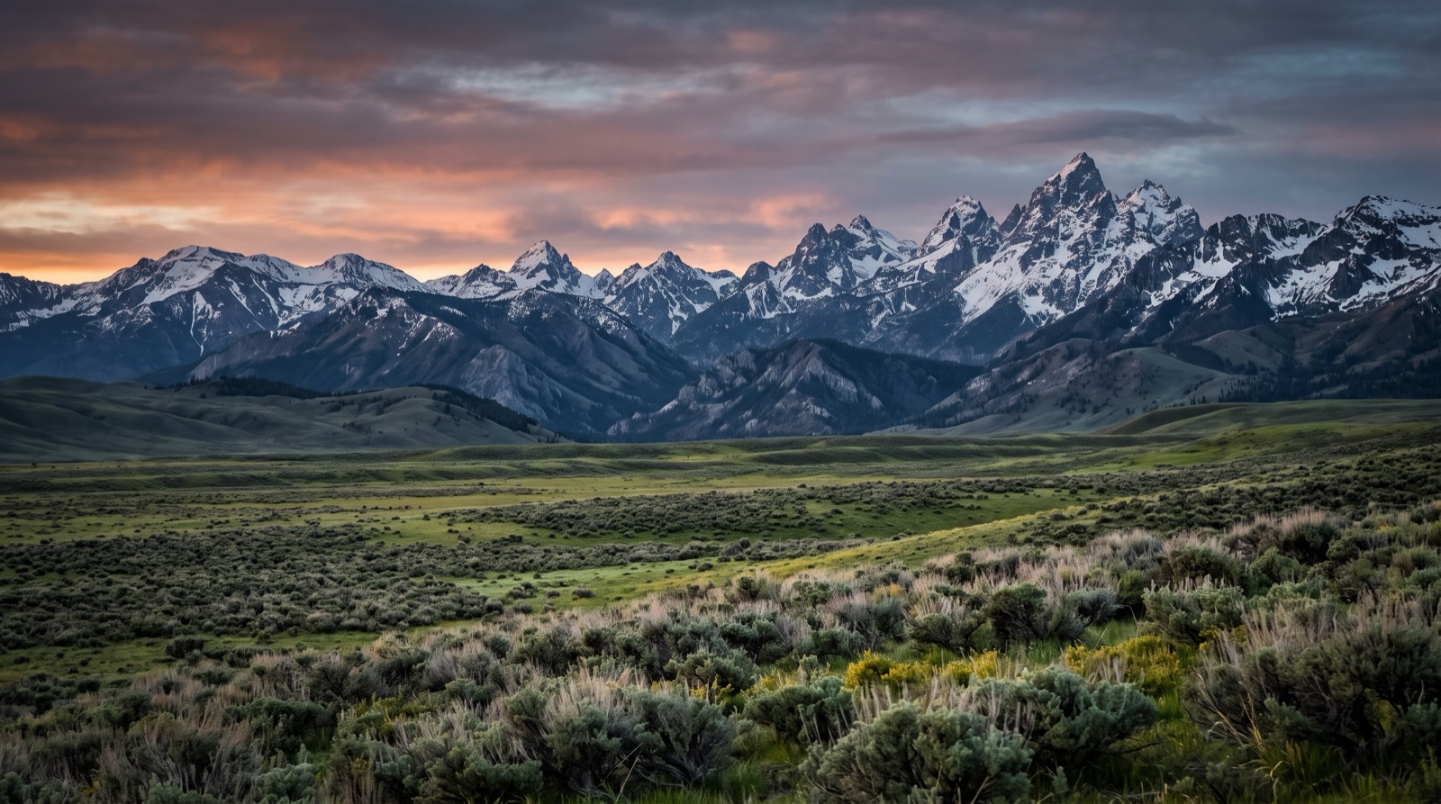A sagebrush plain below distant snow peaks