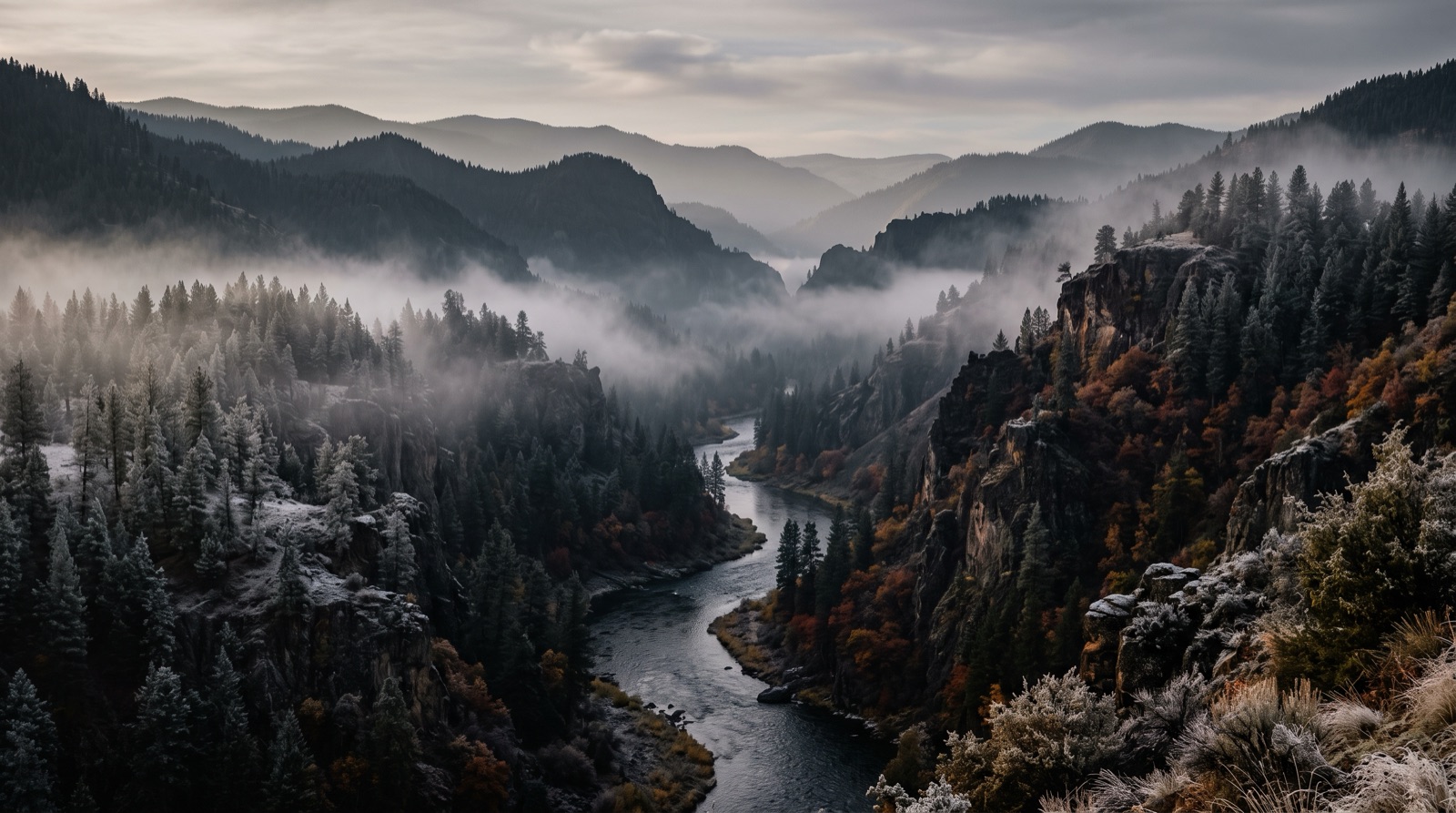 A misty tailwater river winding through a canyon