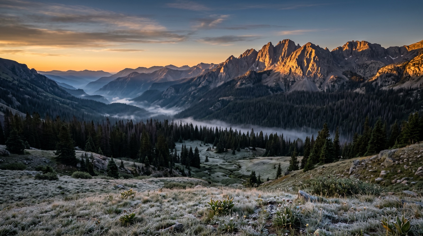 Timbered mountain basin under first light
