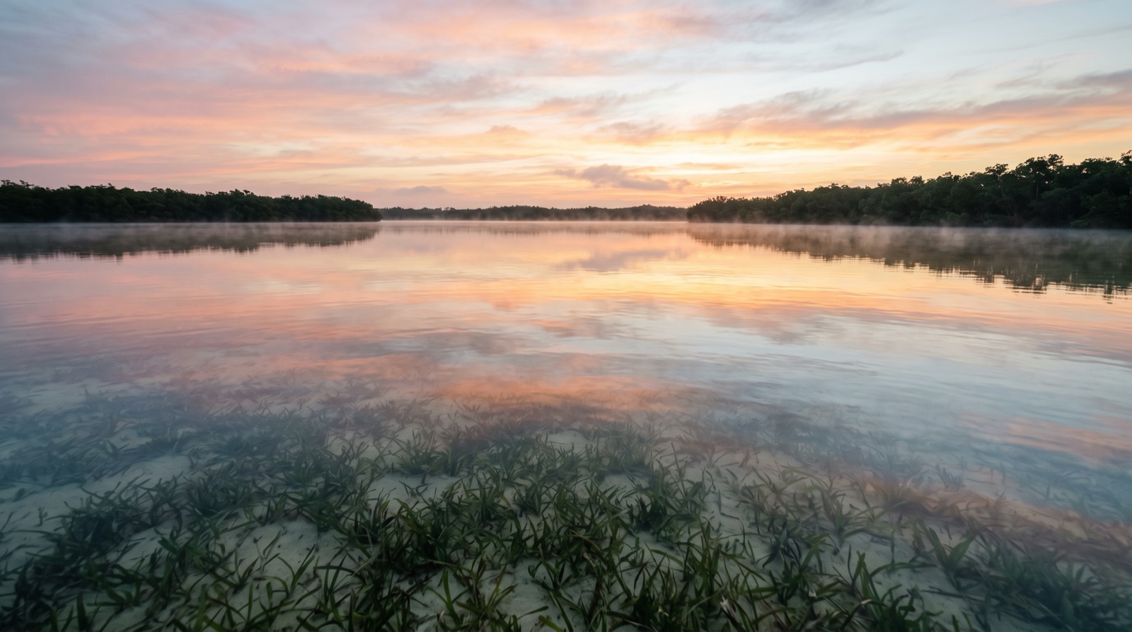 A shallow grass flat at dawn with mangroves on the horizon
