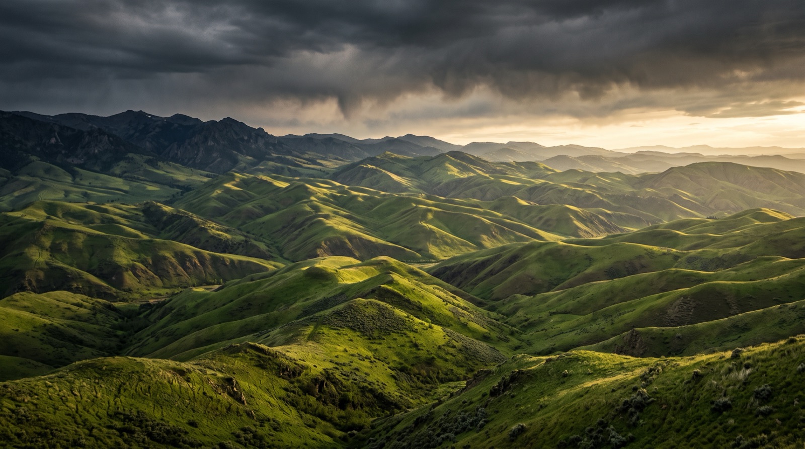 Grassland foothills under storm light