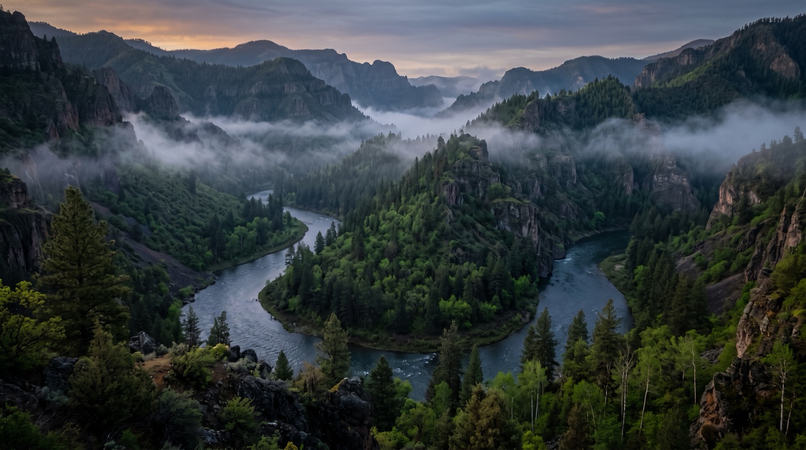 A misty tailwater river winding through a canyon