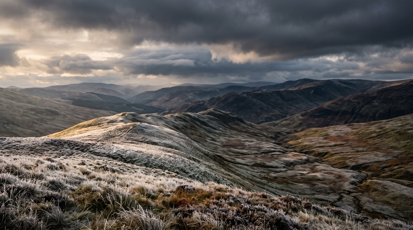 Grassland foothills under storm light
