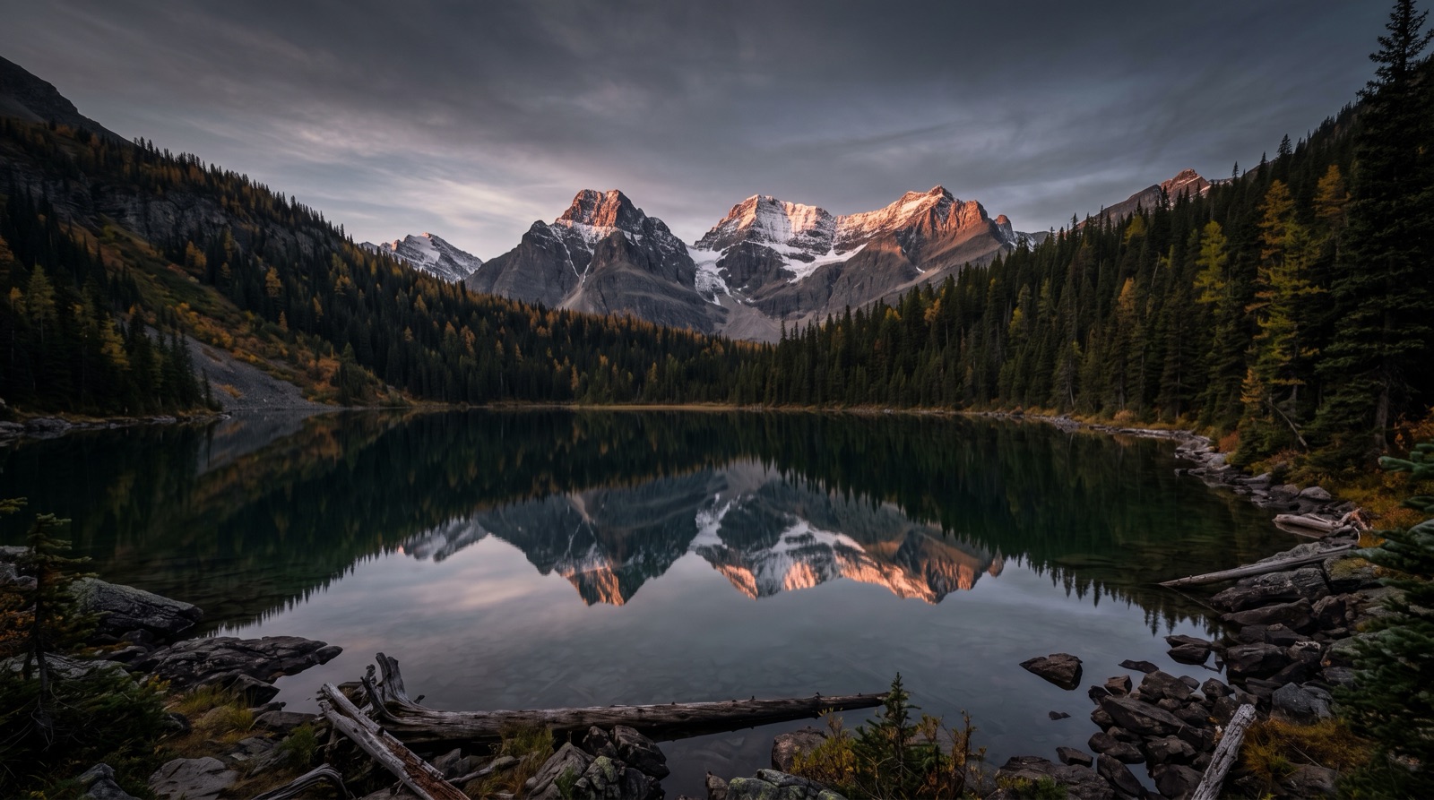 A still mountain lake with a mirror reflection