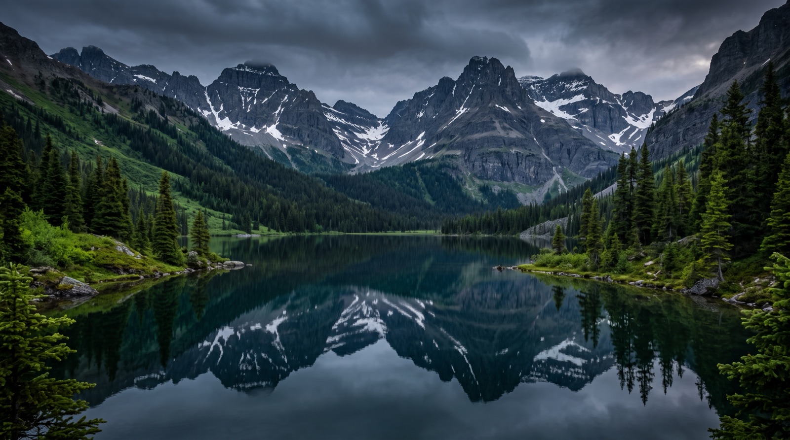 A still mountain lake with a mirror reflection