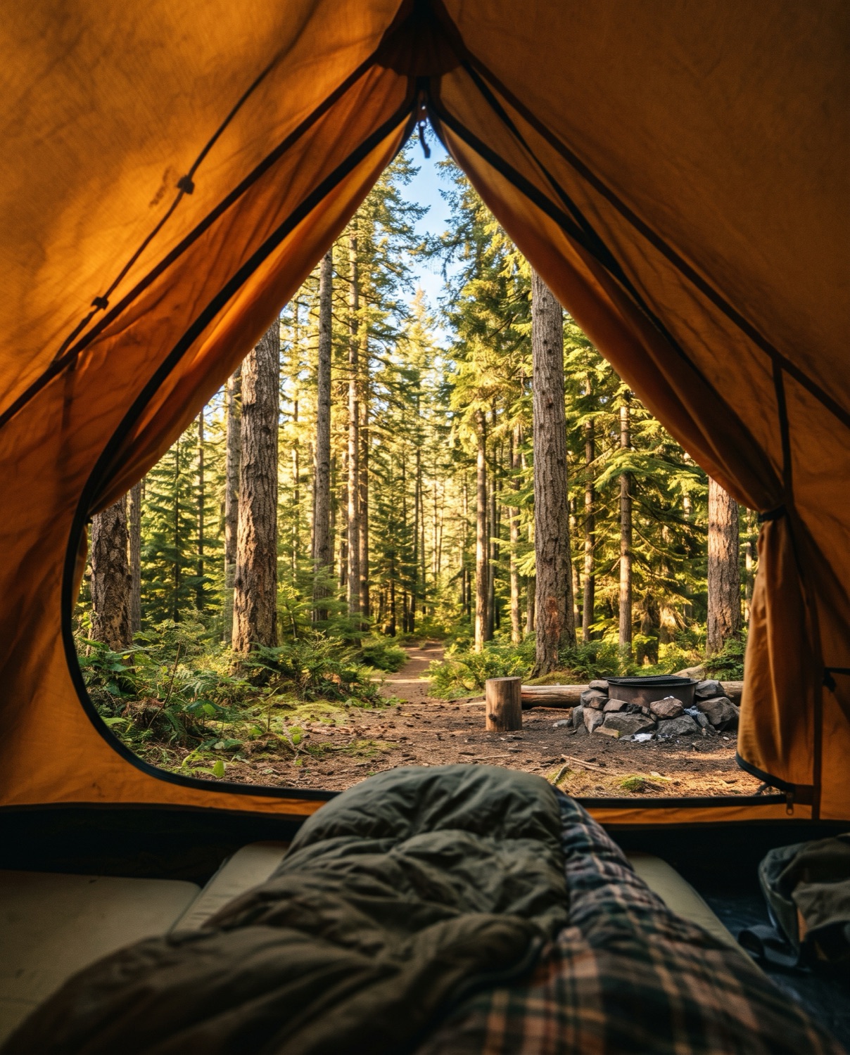Morning light over a pine-forest campsite, seen from inside a tent
