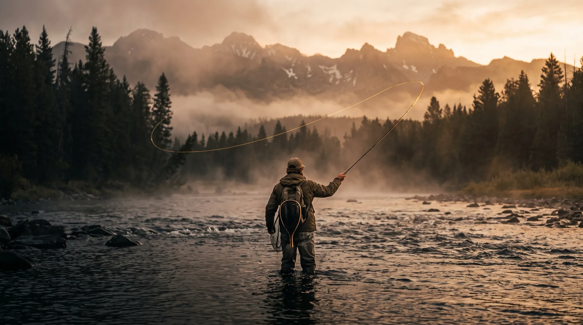 A fly angler casting on a misty mountain river at sunrise