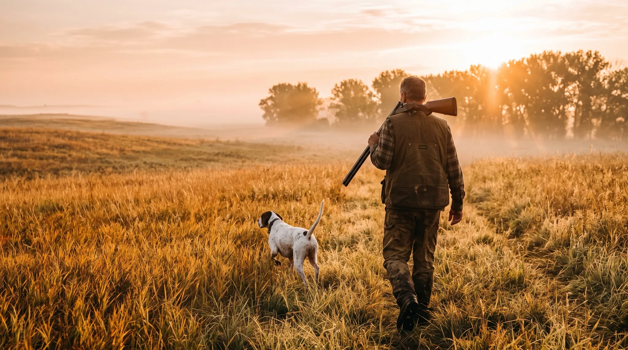 An upland bird hunter and his pointer working a golden field at sunrise