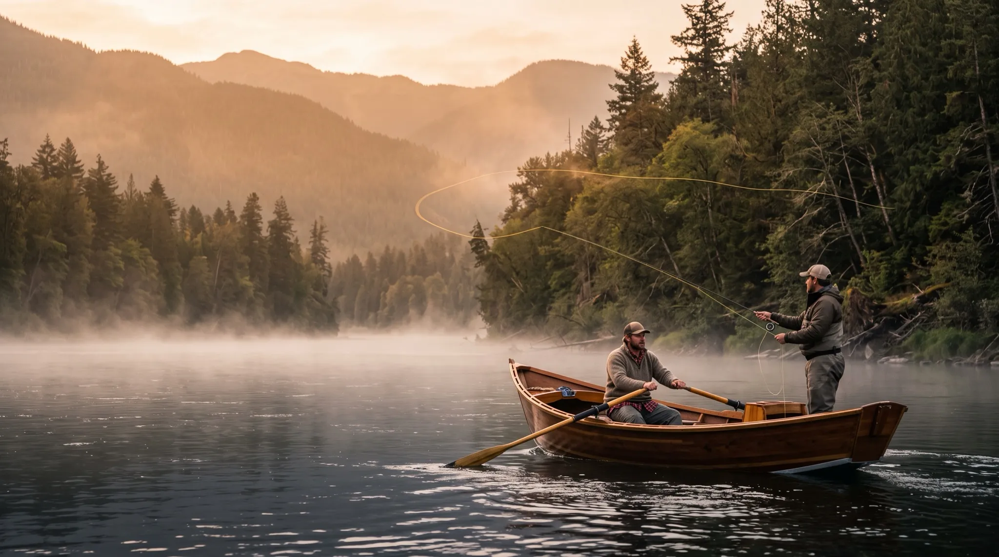 A fly-fishing guide rowing a drift boat while an angler casts on a misty river at sunrise